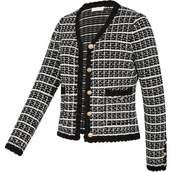 Women Cardigan Sweaters Tweed Pattern Jacket V Neck Sweater Blazer with Button